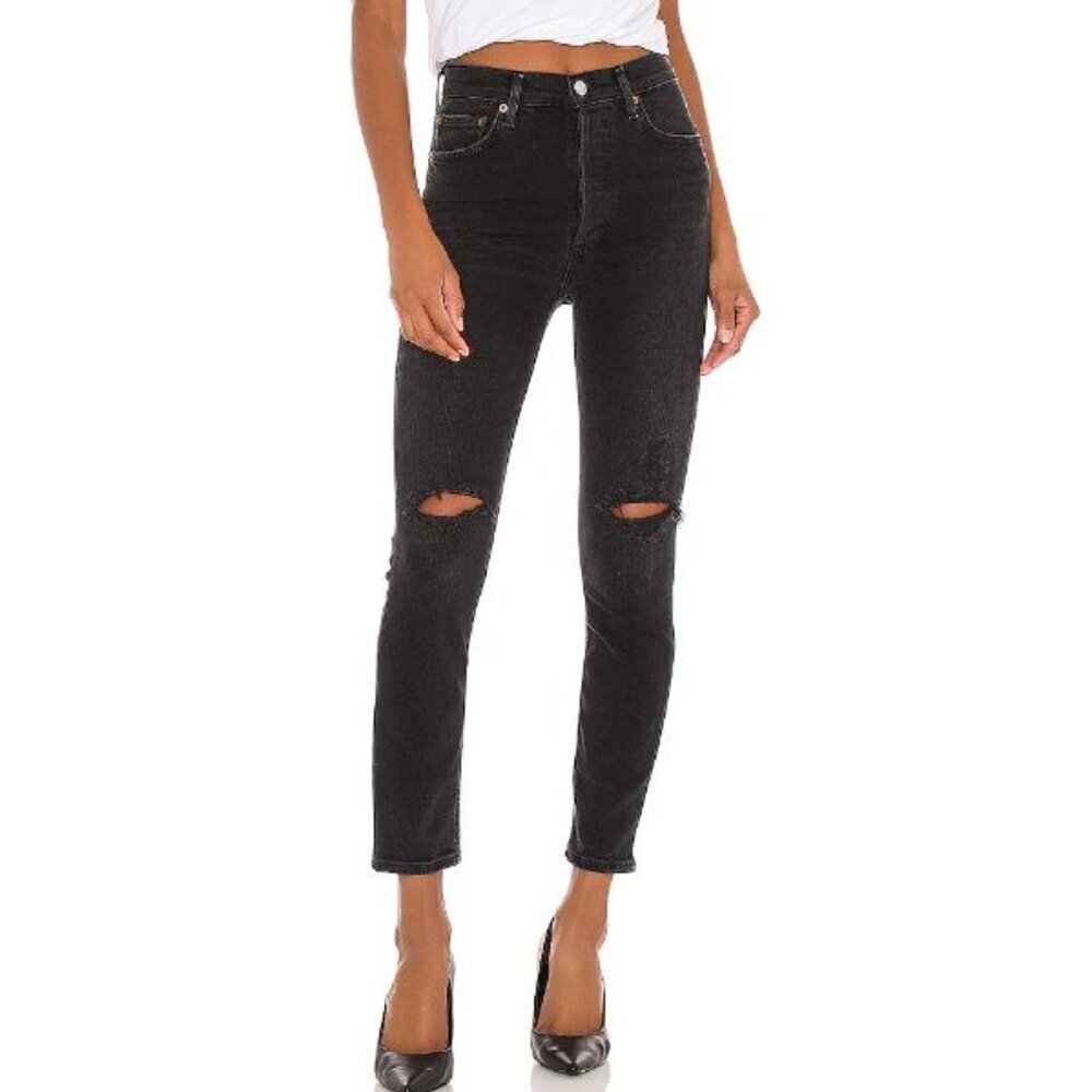 AGOLDE Nico Slim Leg Jeans in Disorder - Distressed Black/Dark Wash Jeans